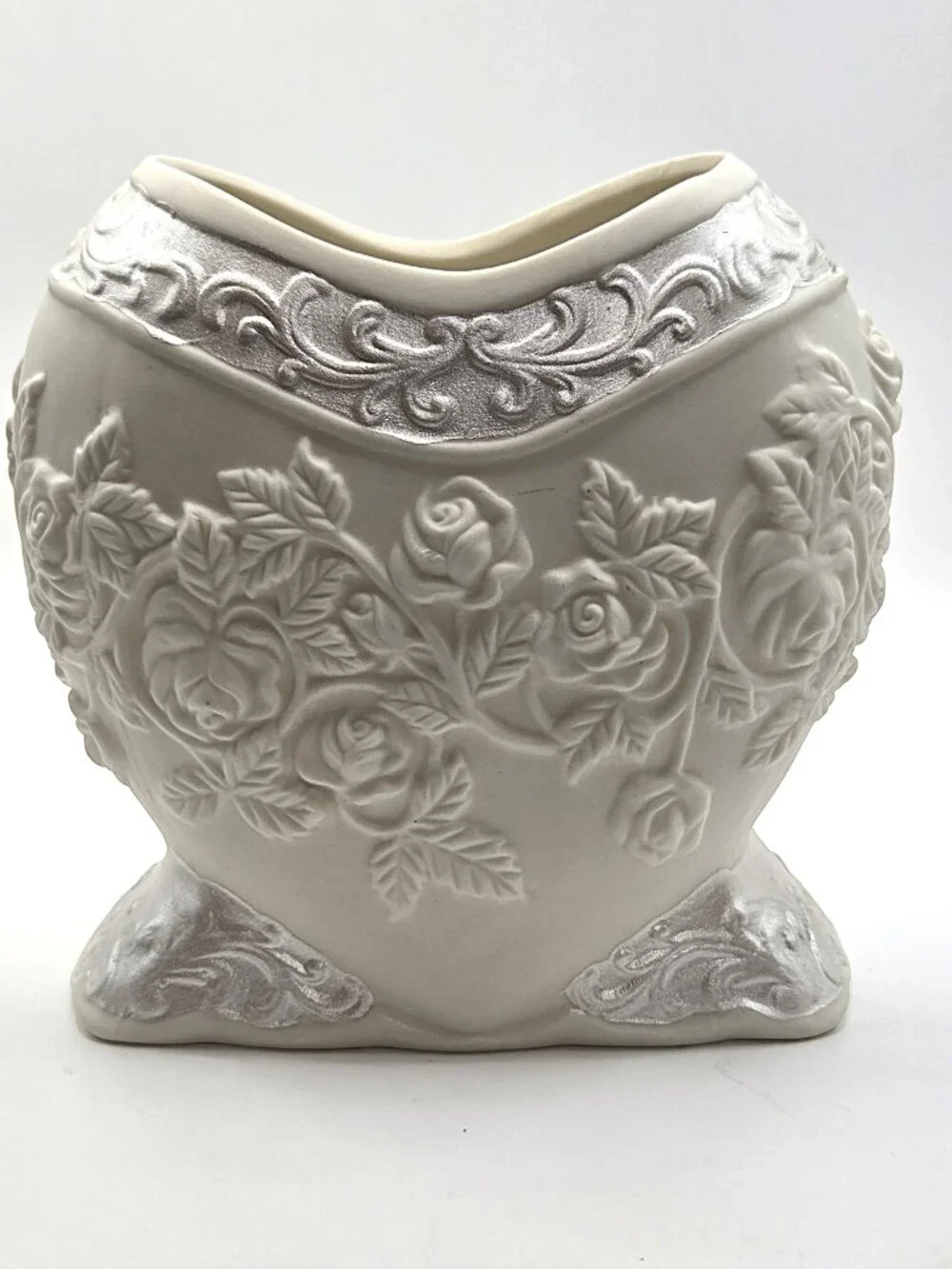 Capodimonte Style Heart Shaped Bisque Vase with Applied Flowers